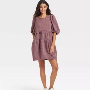 NWOT A New Day Fuchsia Quilted Midi Dress with Puff Sleeves